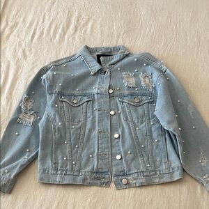 Women's Light Blue Denim Jacket with Pearl Accents